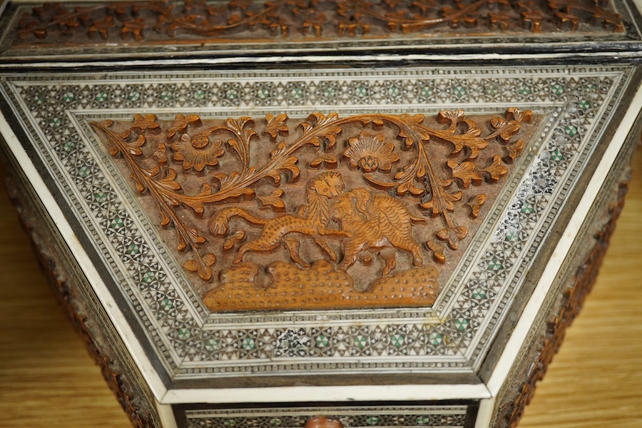 An Anglo-Indian Vizagapatam sandalwood and bone stationery box of tapered form, 23cm wide. Condition - good, base cracked